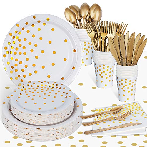 Gold Party Supplies Bridal Shower Party Plates and Napkins Sets - Including Tablecloth Gold Paper Plates Napkins Cups Silverware for Girl Baby Shower Bachelorette Decorations 169PCS