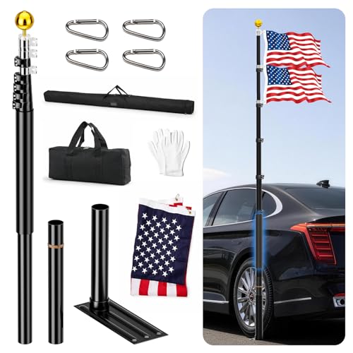 UEAKPIC 20 FT Tailgate Flag Pole Kit with Bag Dual Mounting Options Portable RV Telescoping Flagpole with US Flag for Outdoor Tailgating Camping Black