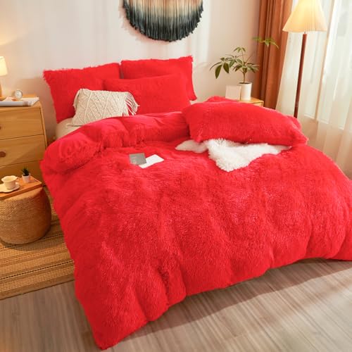 Plush Fluffy Red Comforter Cover Twin Set – Faux Fur Plush Red Bedding 2-Piece Set (1 Furry Duvet Cover + 1 Shaggy Pillow Sham) Cozy Bed Set