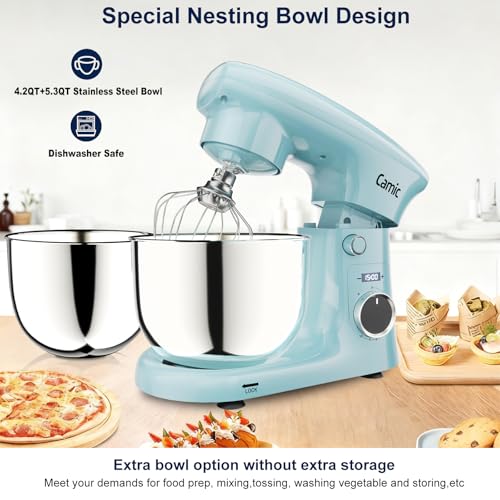 Image of Camic Stand Mixer, Blue, 4.2QT+5.3QT Two Bowls Electric Food Mixer