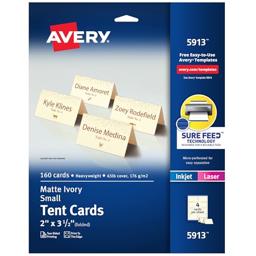 Avery Printable Tent Cards with Sure Feed Technology, 2' x 3.5', Ivory, 160 Blank Place Cards for Laser or Inkjet Printers (5913)