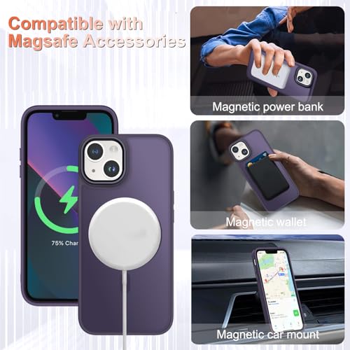 Image of YENAPOON for iPhone 14 Case, iPhone 13 Case, Matte Magnetic Case, Purple | Fit for Magsafe, Screen Protector Included, Matte Translucent Frosted Slim Shockproof Protective Phone Cover