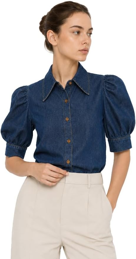 SUNNOW Women’s Denim Puff Sleeve Shirt with Ruffles & Pleated Front Casual Button Down Blouse Short Ruffle Sleeve Jean Top