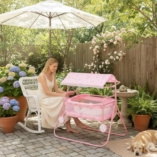 Image of Nirjala Foldable Baby Cradle Swing with Mosquito Net & Canopy | Steel Jhula /Palna with Wheels & Toy Bar | Portable Newborn Infant Sleeping Bed for 0-24 Months