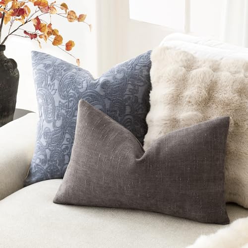 Image of Foindtower Pack of 2 Soft Textured Chenille Throw Decorative Pillow Covers Lumbar Accent Solid Cushion Cover Cozy Farmhouse Pillow Case with Zippe for Couch Sofa Bed Living Room 12x20 Inch, Charcoal