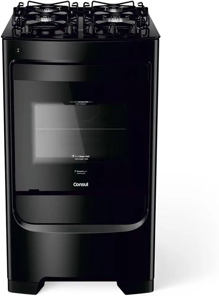 Fogão Consul 4 bocas preto com mesa de vidro e grades individuais super estáveis - CFO4VBE BIVOLT