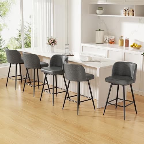 Image of Swivel Bar Stools Set of 5, 26 inch Counter Height Bar Stools with High Back and Metal Legs, Faux Leather Bar Chairs, Modern Barstools for Kitchen Island, Light Grey