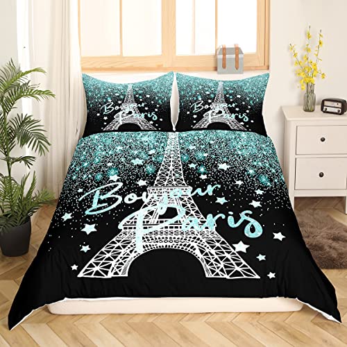 Homemissing Tour Eiffel Parure de Lit 220x240cm Tour Parisienne Housse de Couette pour Enfants Vert Glitter Paris Decor Sets de Housse de Couette Valentines...