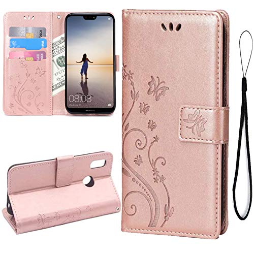 Teebo Wallet Case for Huawei P20 Lite/Nova 3e, PU Leather Stand Function with Magnetic Closure [Butterfly Flower] Card Slots Holder Pocket Flip Cover for Huawei P20 Lite/Nova 3e(Rose Gold)