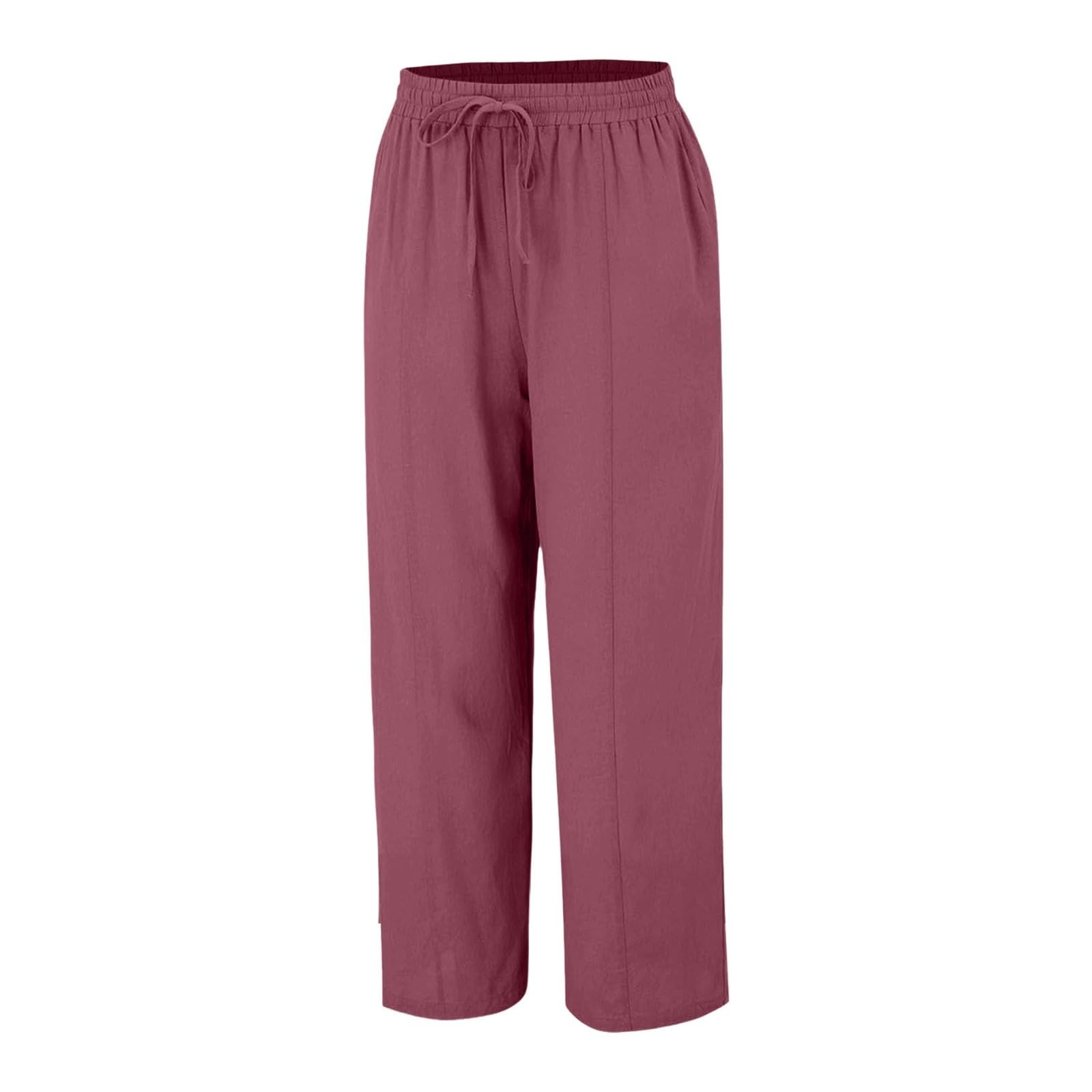 Generisch Pantalon d'été en lin aéré pour femme, jambes larges, taille haute, jambe droite, pantalon d'été avec poches, pantalon palazzo ample, pantalon culotte, pantalon avec cordon de serrage