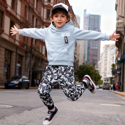 Image of Boys 2 Piece Outfits Long Sleeve Hooded Sweatshirt Top Camouflage Sweatpants Fall Winter Clothing Set 5-10T