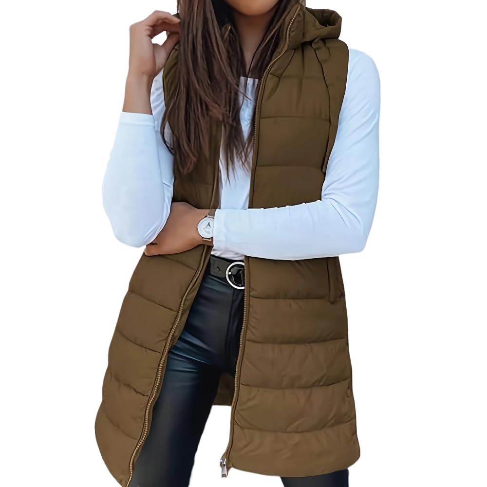 JellyLe Damen Steppweste Lang mit Kapuze, Ärmellos, Wintermantel mit Reißverschluss und Taschen (Khaki,XXL)
