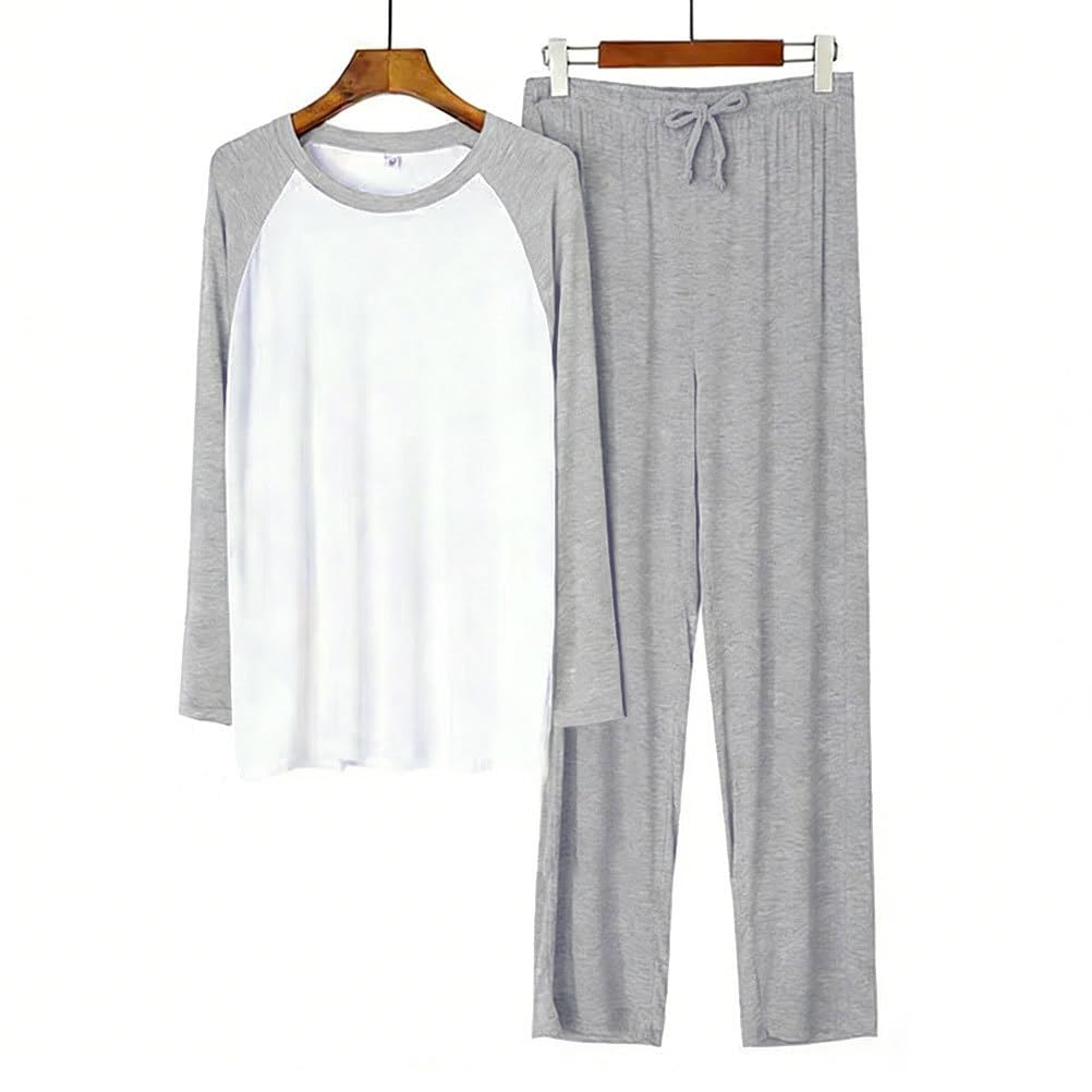 Uomo Pigiama a Blocchi di Colori Set Due Pezzi con Girocollo Tshirt a Maniche Lunghe e Plaid/Tinta Unita Pantaloni Morbido Traspirante Pigiameria Casual per la Casa