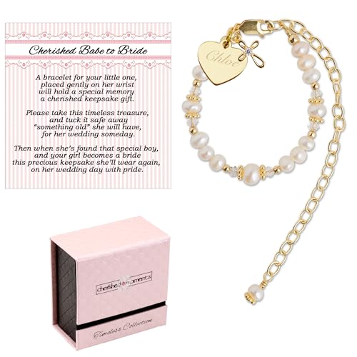 Cherished Moments 14K Gold-Plated Custom Cherished Babe to Bride Cross Bracelet Gift for Infant Baby Baptism or Christening with Cultured Pearls and Engraved Heart