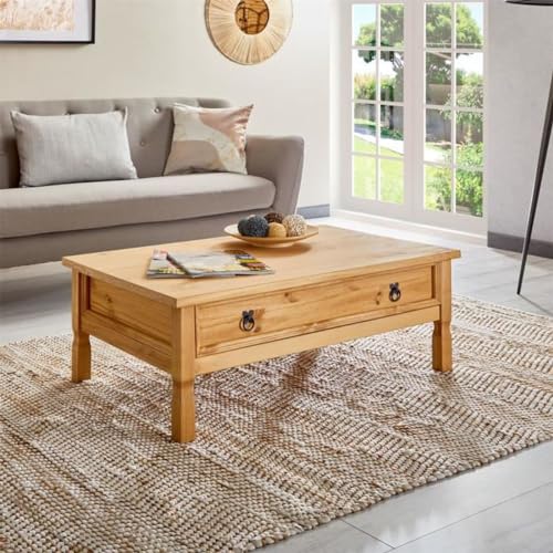 Table Basse de Salon Tequila Plateau rectangulaire et Pieds sculptés en Bois Style Mexicain avec 1 Grand tiroir, en pin Massif Finition teintée et cirée - Dim (L x H...