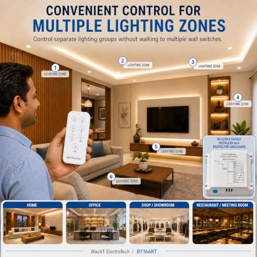 Image of BlackT ElectroTech Touch Wireless Remote Control Switch, 6 Channel 433.92 MHz RF Light Controller, 30 m Range, AC 85-265V Receiver | All On /Off Remote | BT166RT