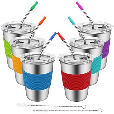 SSAWcasa Stainless Steel Kids Cups, 6 Pack 12oz Spill Proof Kids Tumbler with Lid and Straw, Unbreakable Baby Water Drinking Glasses, Reusable Metal Smoothie Sippy Mug for Toddler Child Adult Cover