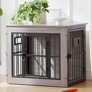 27 Inch Heavy Duty Dog Crate Furniture for Puppy/Small Dogs, Decorative Pet House End Table with 3 Doors, Wooden Cage Kennel Furniture Indoor, Rustic Grey - Without Bowls Rustic Grey 27.2"L