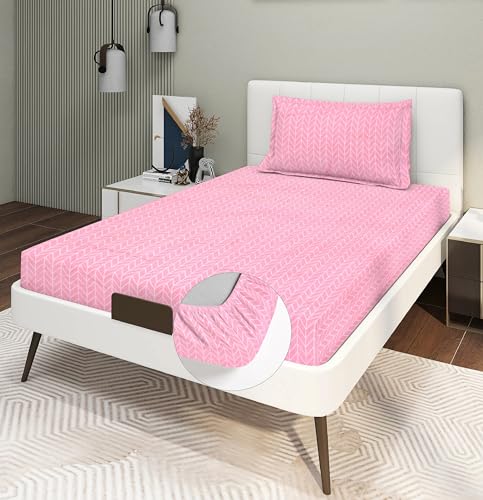 Image of RD TREND Presents Luxurious Glace Cotton Super Soft 210 TC 360 Elastic Fitted Bedsheets Single Bed Size (72 x 48 x 8 Inch) with 1 Pillow Cover Size (28 x18), Color- Pink, Solid