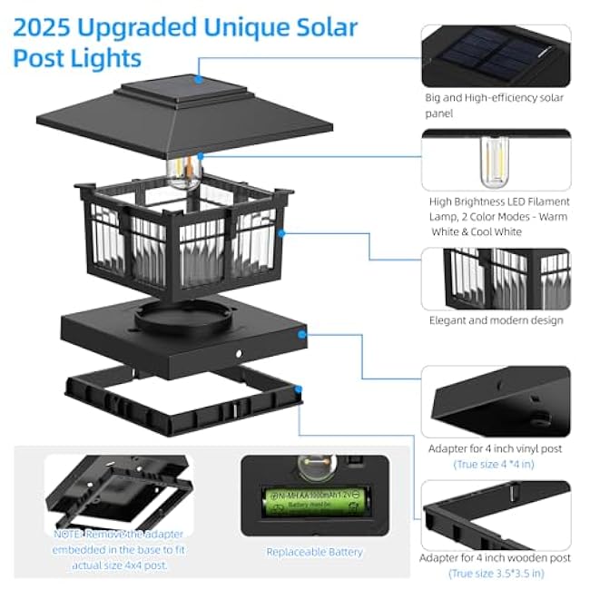 4x4 Solar Post Cap Lights, 8 Pack Fence Deck Post Lights Outdoor Solar Powered Waterproof with Two Light Modes Warm&Cool White for Garden Patio Decor.(Classic Black, 8)