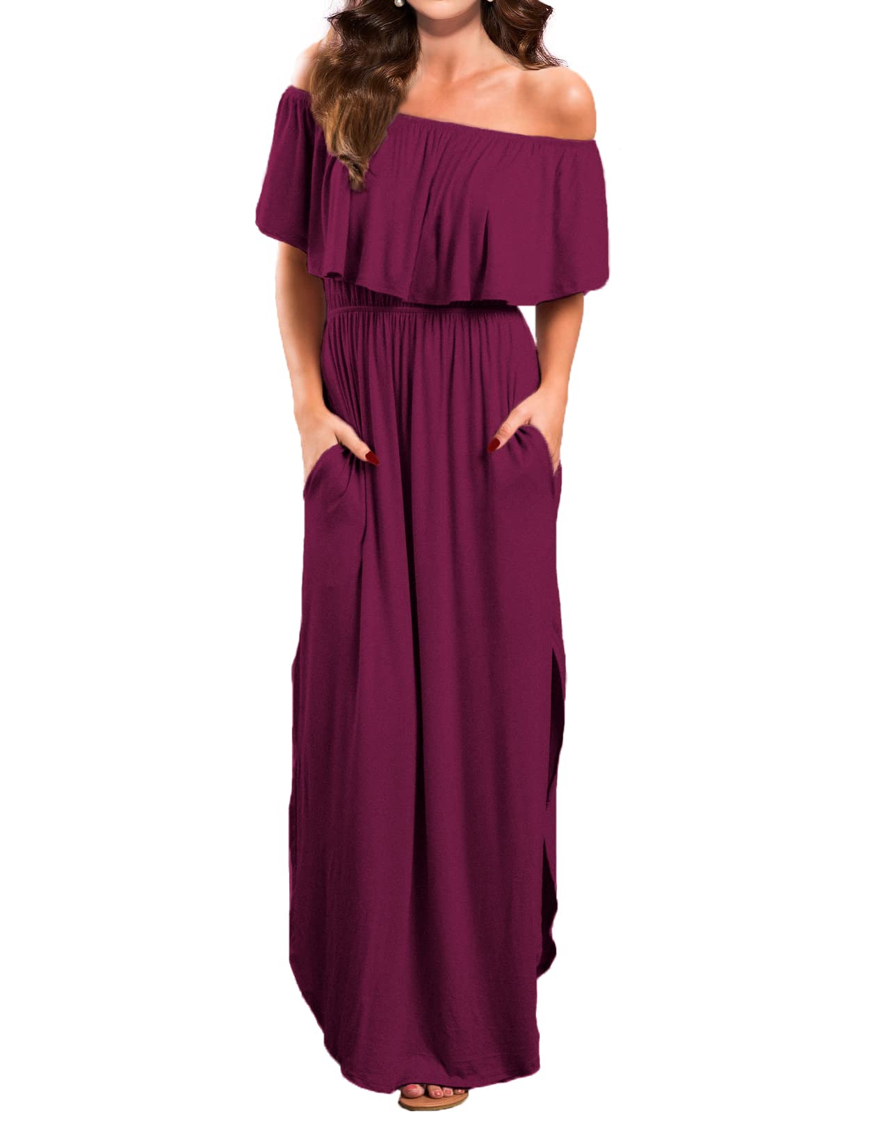 VERABENDI Women's Off Shoulder Summer Casual Long Ruffle Beach Maxi Dress with Pockets