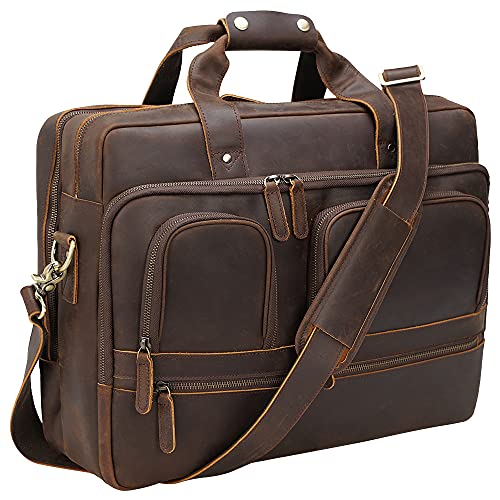 TIDING 18 Inch Full Grain Leather Briefcase for Men Business Travel Messenger Shoulder Bag Fits 17.3