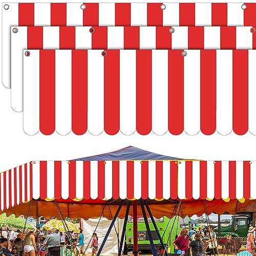 Image of Preboun 3 Pcs Carnival Awning Decorations Tent Circus Hanging Decorations Carnival Banner Concession Stand Sign Canopy Awning for Pirate Summer Party, 9.84''x78.74'' (Red and White)