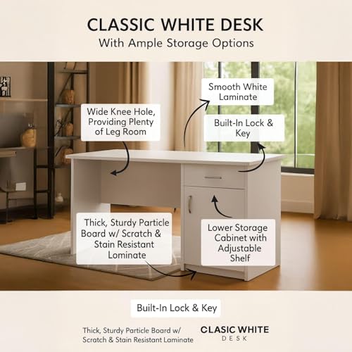 Image of Study Table for Home Wooden Computer Table - Study Desk for Students & Adults, Writing Table, Laptop Desk, Office Work Table for Home, White Finish DIY Assembly