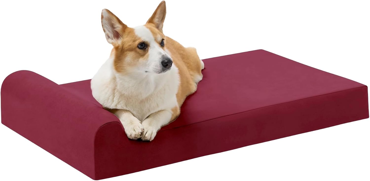 Barker Beds Medium Orthopedic Dog Bed - 4" Pillow Top with Headrest - 30-45 lbs - Memory Foam for Joint Pain & Arthritis - Vet Recommended, Washable Cover - Made in USA - 39"x25"x4" - Burgundy