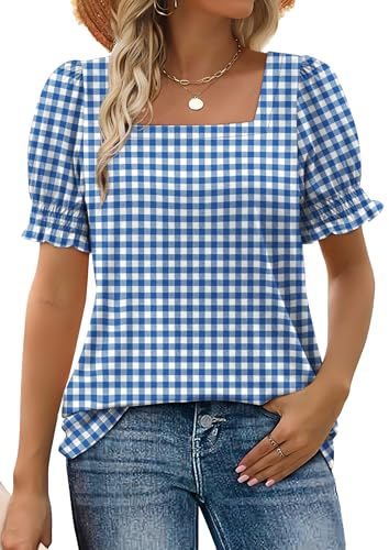 Image of WIHOLL Tops for Women Summer Casual Ruffle Trim Sleeve Square Neck T Shirts