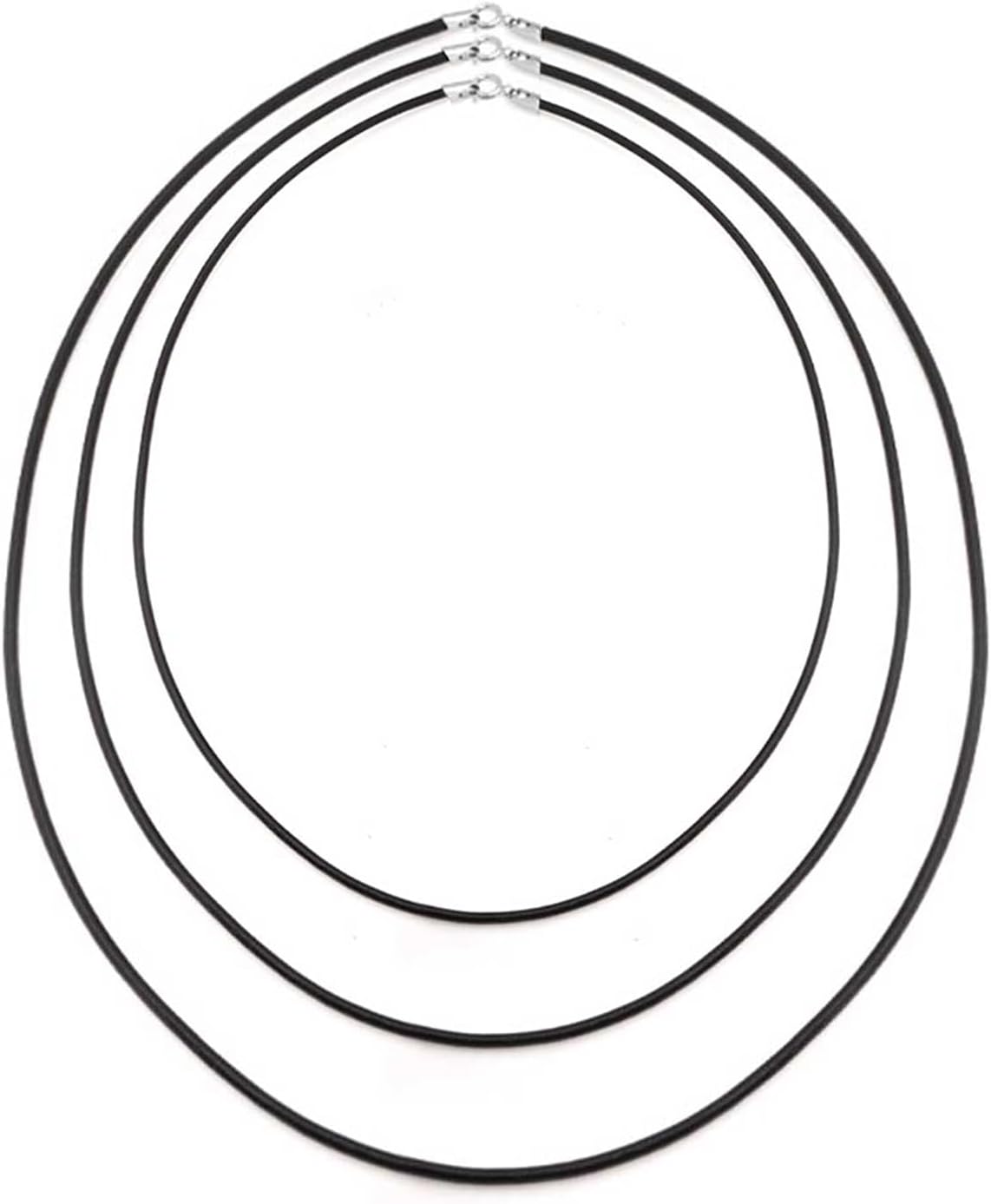 Set of 3 Unisex Simple Black Rubber Cord Necklace Sterling Silver 16-20"