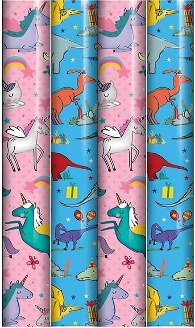 Kids Gift Wrapping Paper roll - Pack of 4 x 3M Cute Character Two Designs to wrap gifts Gift Wrapping Paper, Perfect for Birthday, Festival, Party and Festive Decoration(Total 4 rolls of two designs)