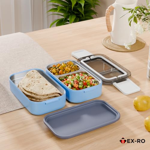 Image of TEX-RO Stainless Steel Lunch Box with 2 Layer | Leakproof Bento Lunch Box for Office, School & College | Airtight Tiffin Box for Men, Women & Kids | Food Grade Steel Lunch Box