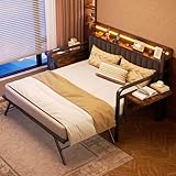 Daybed with Trundle and LED Light, Heavy Duty Metal Twin Bed Frame with Upholstered Storage Headboard & Charging Station, Day Bed Pop Up Trundle Bed Twin for Living Room,Bedroom and Guest Room, Brown