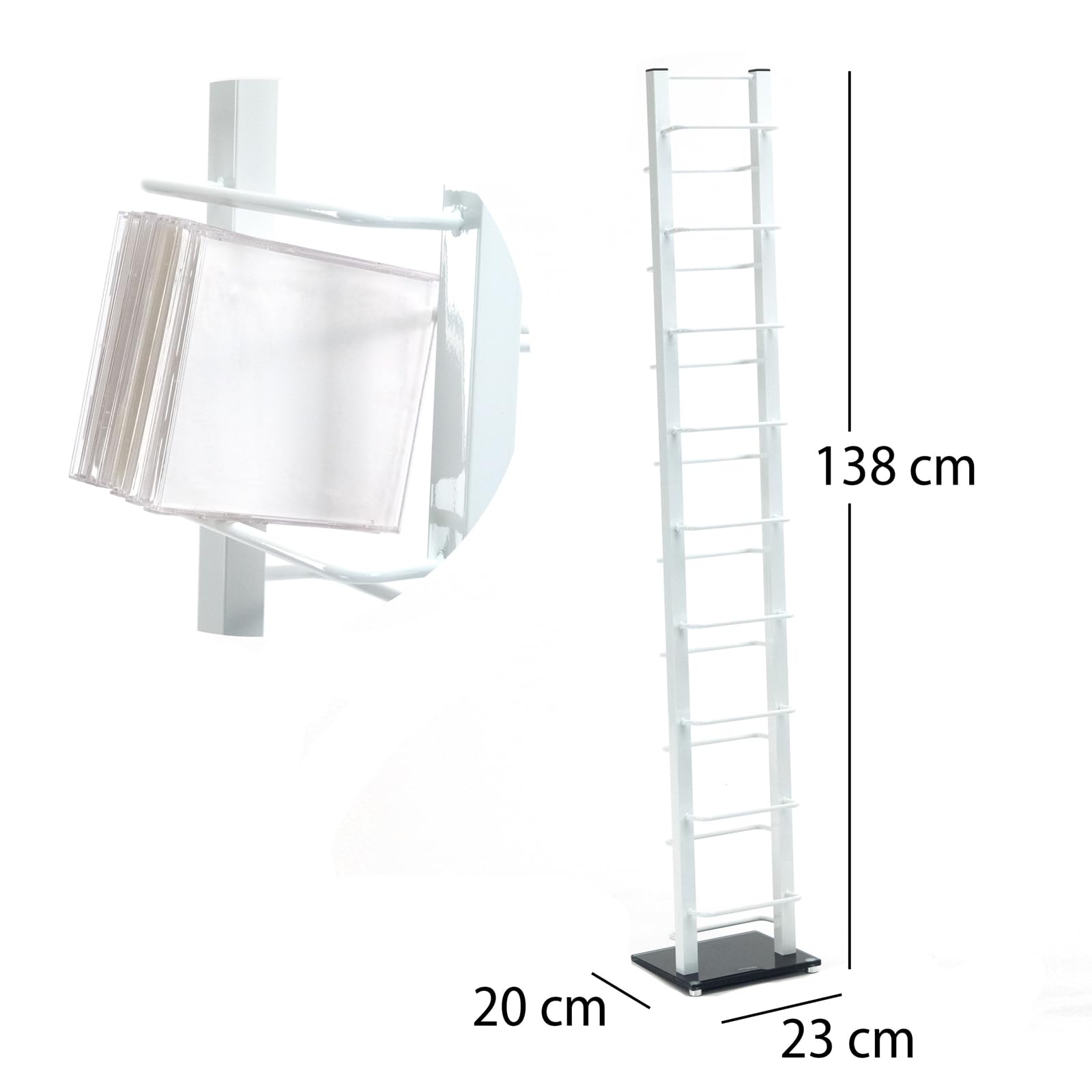 Design CD Regal Tower | 138x20 cm (HxB), Metall mit Glasfuß | stilvolle CD Aufbewahrung, Retro CD Rack für ca 126 CDs, CD Ständer | Farbe: weiß