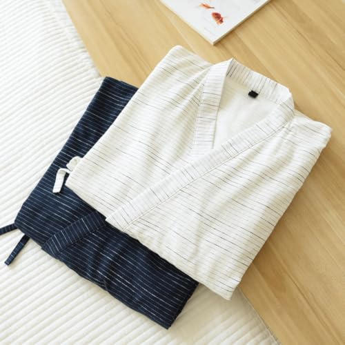 Image of SIQITECHNO Men Summer Kimono Bathrobe Long Cotton Yukata Woven Striped Pajamas Loungewear Mens Bathrobe Sleepwear Nightgown