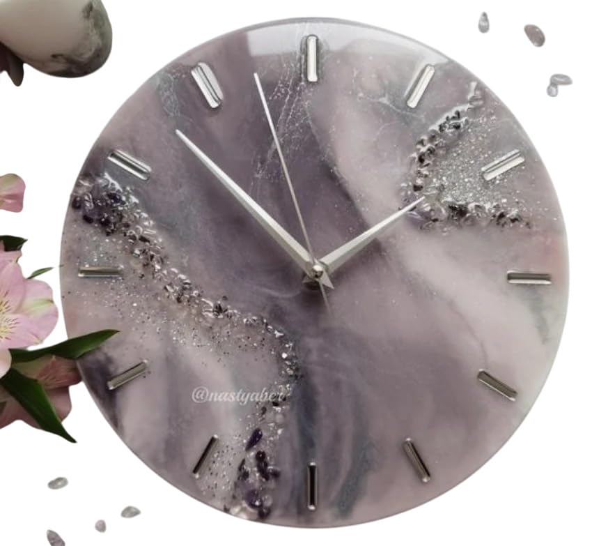 Image of Handmade Resin Wall Clock with Roman Numerals - Luxury Marble Effect Designer Wall Clock with Gold Finish, Silent Quartz Movement, Modern Home & Office Decor (Grey & Golden Colour)