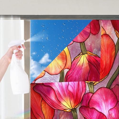 Image of Nuxovilar Gothic Rainbow Pink Tulip Pattern Window Film 17.5x39.3 PVC | Pink Tulip, Gothic Cling spring flower sticker, rainbow glass wrap for bedroom living room dining area (Pink Tulip)