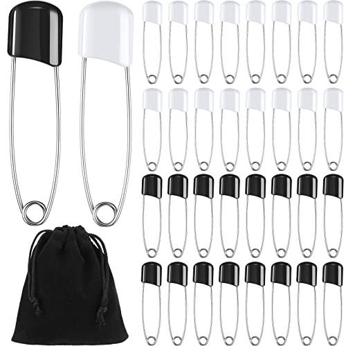 50 Pieces Diaper Pins Safety 2.2 Inch Plastic Head Cloth Diaper Nappy Pins with Locking Closures Stainless Steel with Velvet Bag(White, Black)