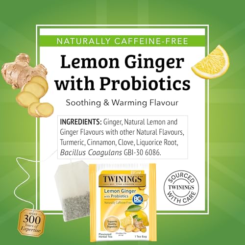 Image of Twinings Superblends Probiotics+ Lemon & Ginger Flavoured Herbal Tea with Turmeric, Caffeine-Free, 18 Count (Pack of 2), Enjoy Hot or Iced, 18 Teabags