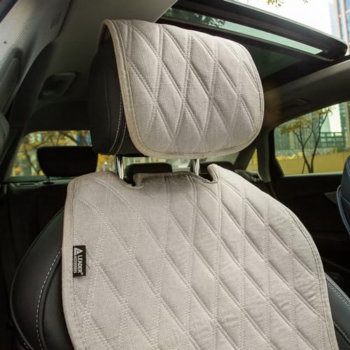 Image of Leader Accessories 2pcs Sideless Front Seat Covers for All Seasons, Beige | Breathable Faux Linen Seat Cushions, Non-Slip Bottom With Headrest Protectors, Universal Fit For Car Van SUV Pickup Truck