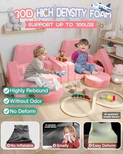 Image of YEFU 15pcs Modular Kids Play Couch,1000+ Imagination Creative Play | for kids ages 1+,7 shapes,countless configurations,30D high-density foam,fort building,washable cover, playroom,birthday gift