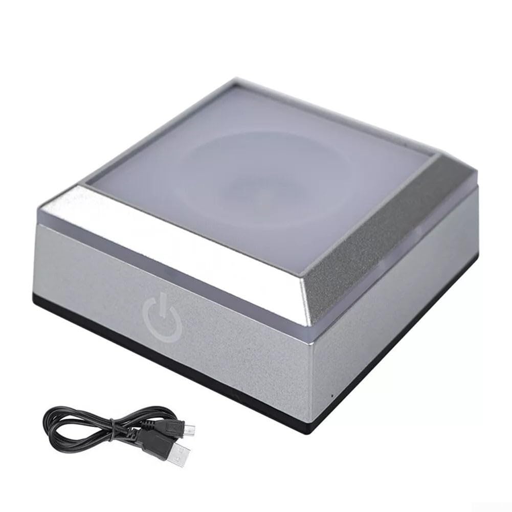 ZWEquipint LED Light Base for 3D Glass Art Display - Square Colorful Lighting Stand with 6 Modes, Touch Switch, USB or for battery Powered, Silver(ball)