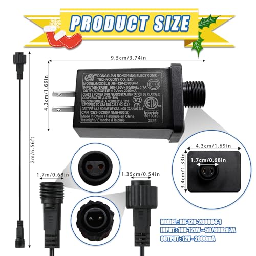 Image of 12V 2A LED Controller with Extension Cord, 24W Class 2 Power Supply Ip44 Low Voltage Transformer ,Replacement Model RH-120V2000U4-1 for Christmas String Light Inflatable Decorations (12V 2A 1PCS)