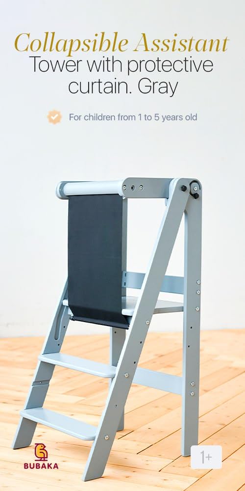Montessori wooden foldable learning tower for children, child tower, adjustable step stool, natural wooden kids furniture, toddler gift, child tower new baby gift (Grey, Tower + curtain)