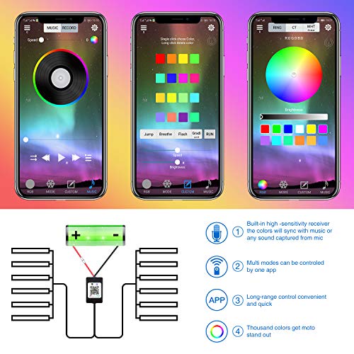 AMBOTHER 12Pcs Motorcycle LED Light Kit Strips RGB Waterproof with APP IR RF Wireless Remote Controllers Multi-Color Underglow Neon Ground Effect Atmosphere Lights