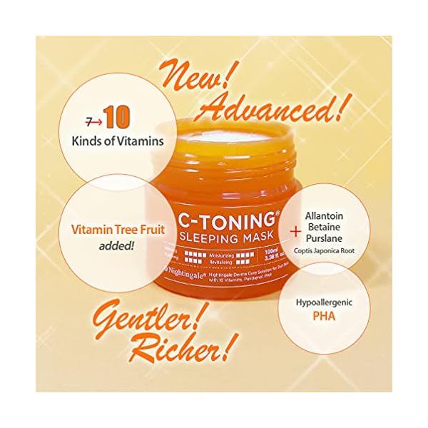 Nightingale-C-Toning-Sleeping-Mask-Pack-Korean-Skincare-Overnight-Facial-Mask-Moisturizer-with-Vitamin-C-10-Kinds-of-Vitamins-Hyaluronic-Acid-338-Fl-Oz Nightingale C Toning Sleeping Mask, Overnight face Mask For Face, Vitamin C + Niacinamide +AHA, BHA, PHA+ Hyaluronic Acid, Moisturizing & Visibly Brighten, Fragrance free, Korean Skin Care