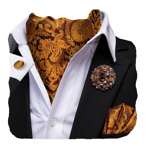 Image of Hi-Tie Silk Ascot for Men Self Tie Men's Cravat and Flower Lapel Pin Handkerchief Cufflinks Set for Wedding Party