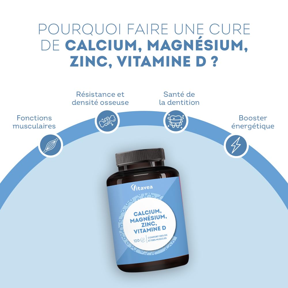 Calcium, Magnésium, Zinc, Vitamine D3 - Confort Os et Muscles - Complexe santé osseuse, énergie et immunité - 120 Comprimés - Avec Cuivre, Manganèse, Sélénium - Fabriqué en France - Vitavea