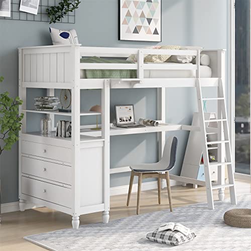Twin Loft Bed with Desk and Storage Drawers Wood High Loft Beds Frame Kids Boys Girls Teens, White